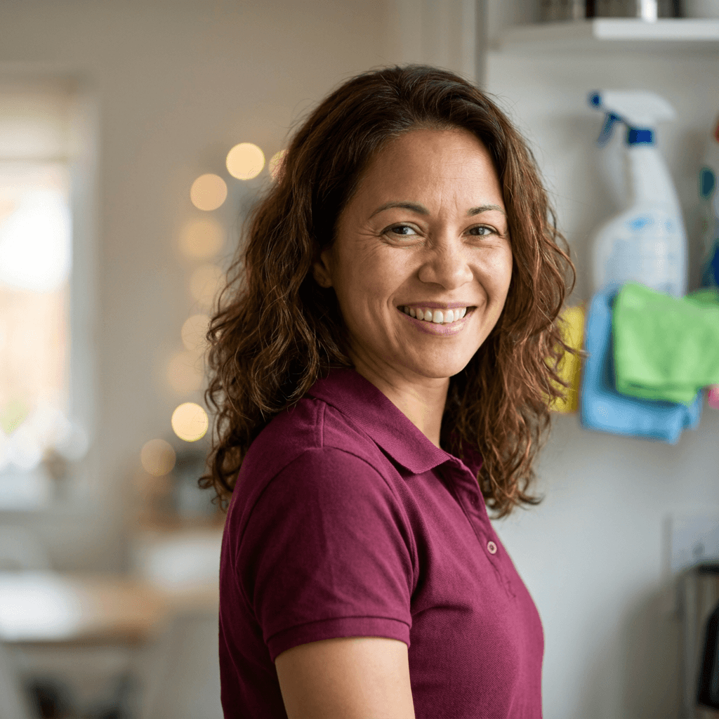 Maria, a cleaner with Pretty & Polished Cleaning, arranging supplies beside a kitchen sink