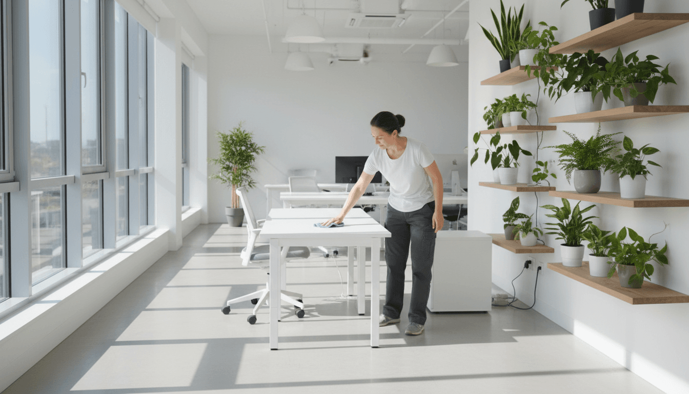 Cleaner wiping an office desk in a bright modern office