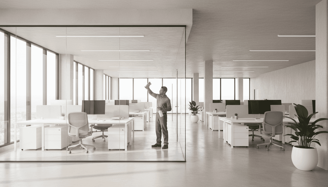 Professional cleaner wiping a glass window in a bright Washington DC office space