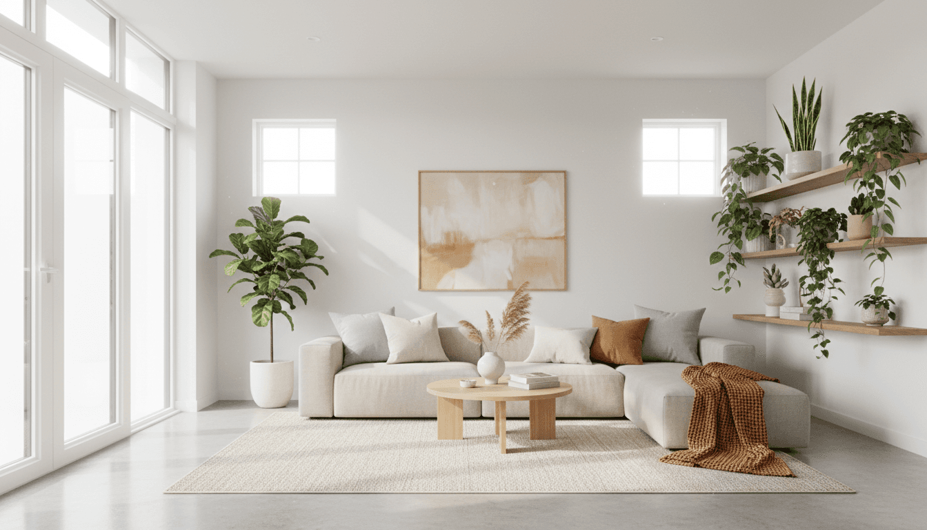 Bright living room with clean surfaces and natural light