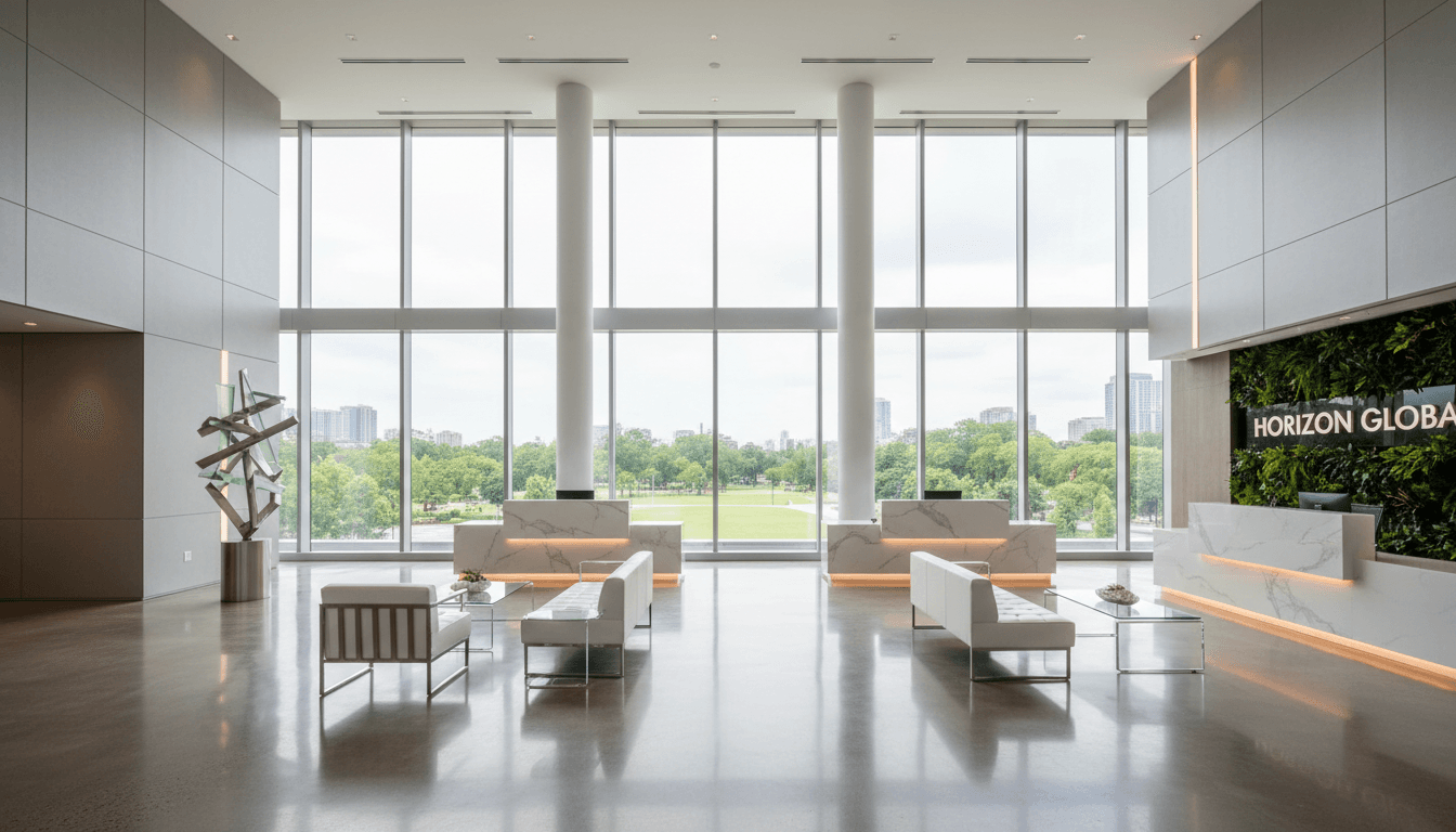 Bright modern office lobby with polished floors