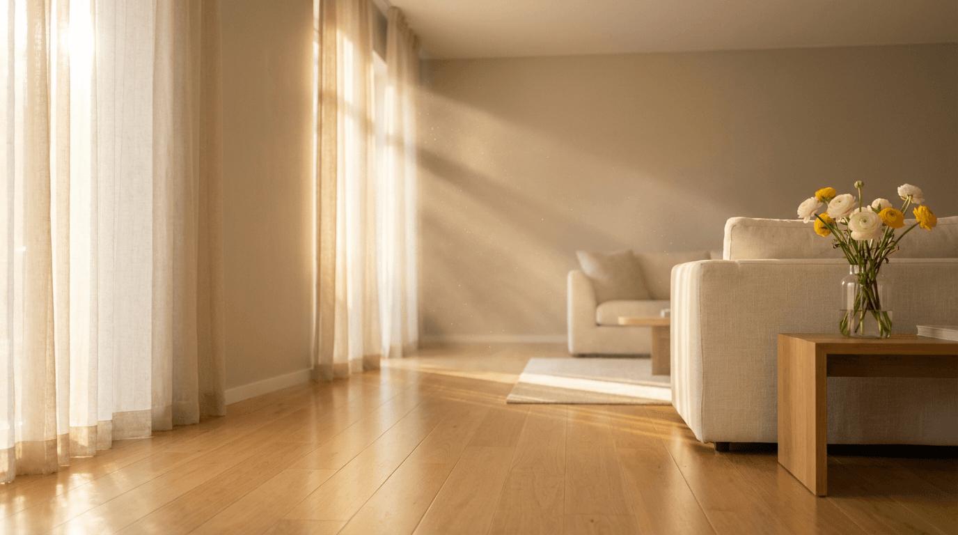 Bright living room with natural light and clean surfaces