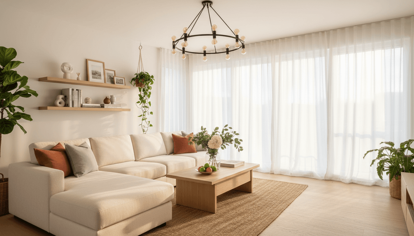 Bright modern living room with white sofa and green plants